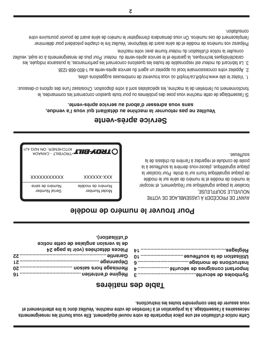 MTD Troy-Bilt warranty Vente-après Service, Modèle de numéro le trouver Pour, Matières des Table 