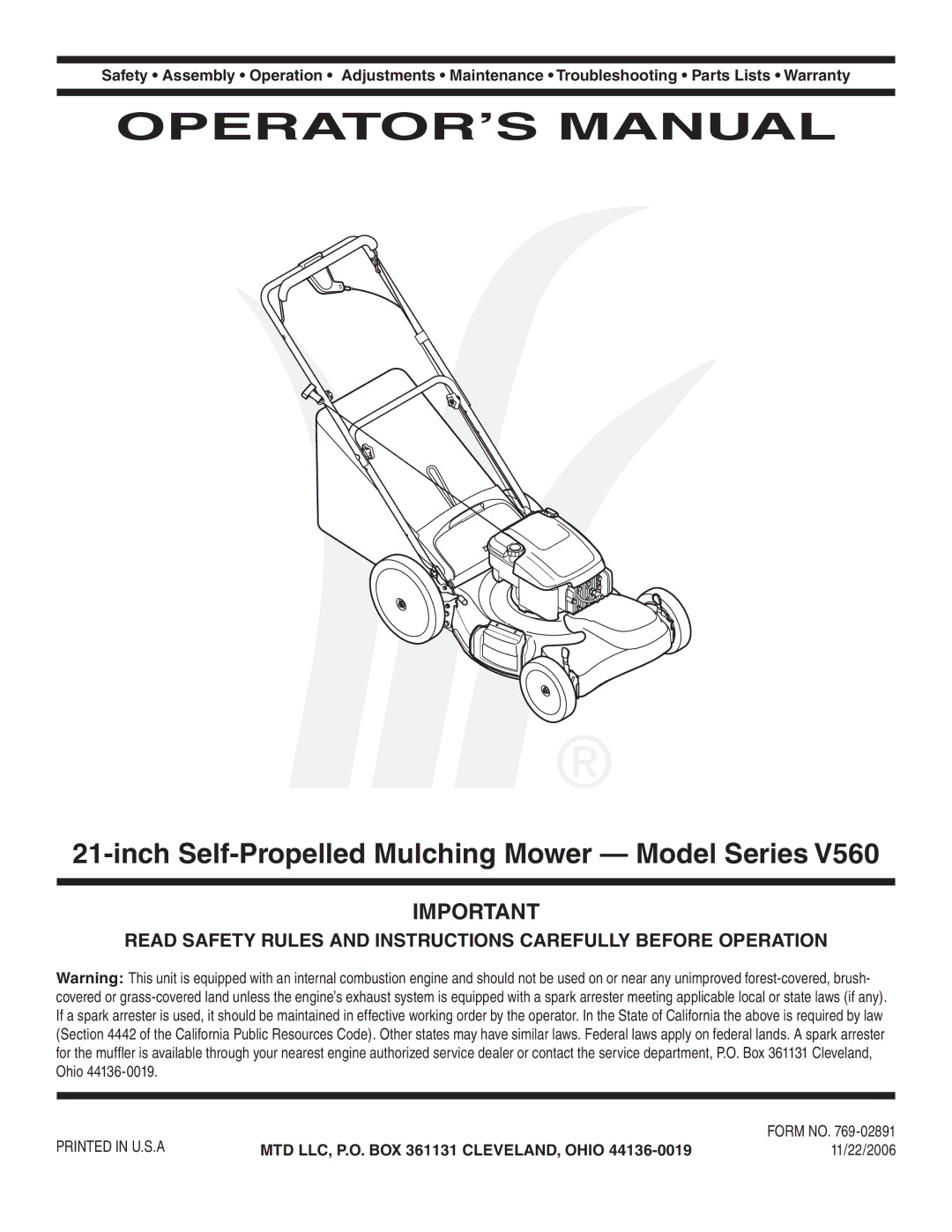 MTD V560 warranty OPERATOR’S Manual, Inch Self-Propelled Mulching Mower Model Series 