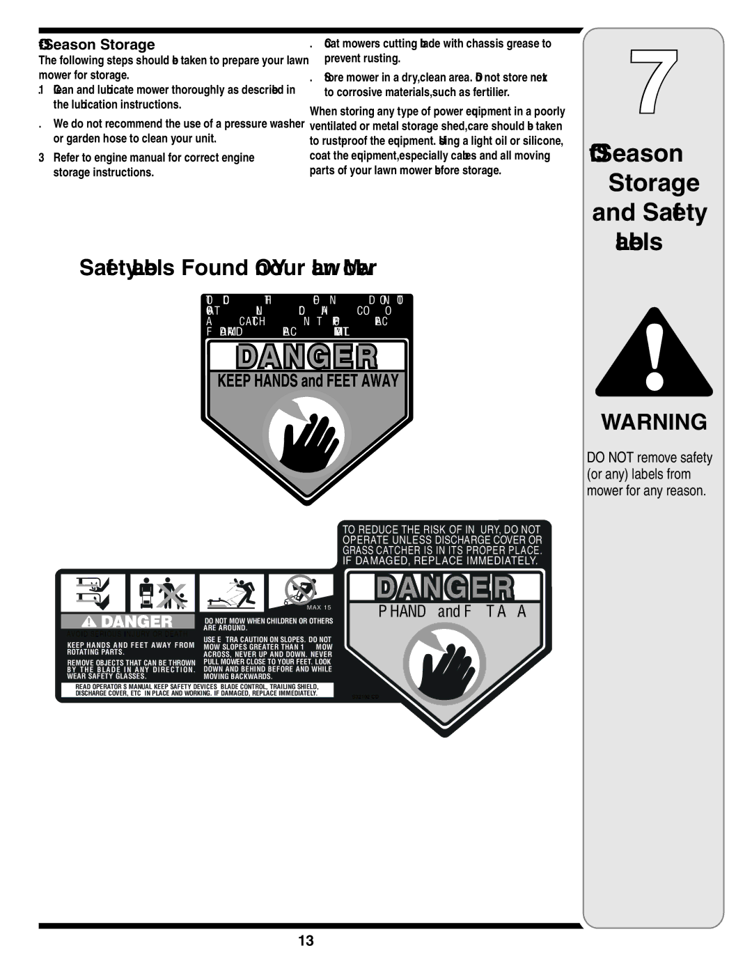 MTD V560 warranty Off Season Storage Safety Labels, Safety Labels Found On Your Lawn Mower, Off-Season Storage 