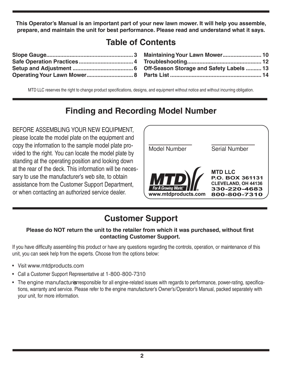 MTD V560 warranty Table of Contents, Finding and Recording Model Number, Customer Support 