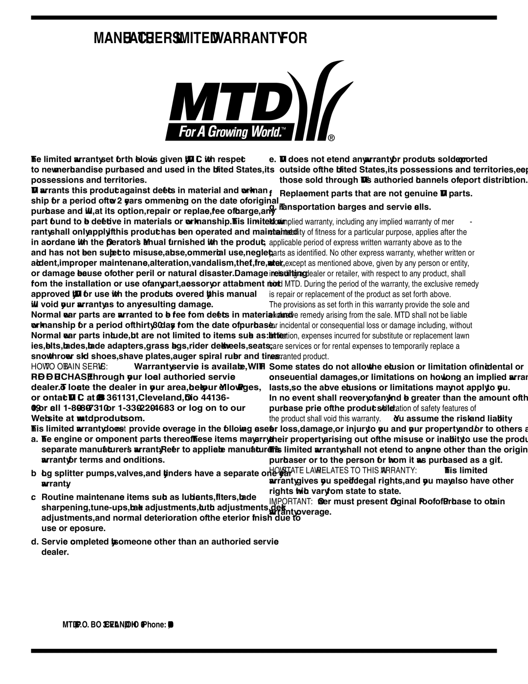 MTD V560 warranty MANUFACTURER’S Limited Warranty for 