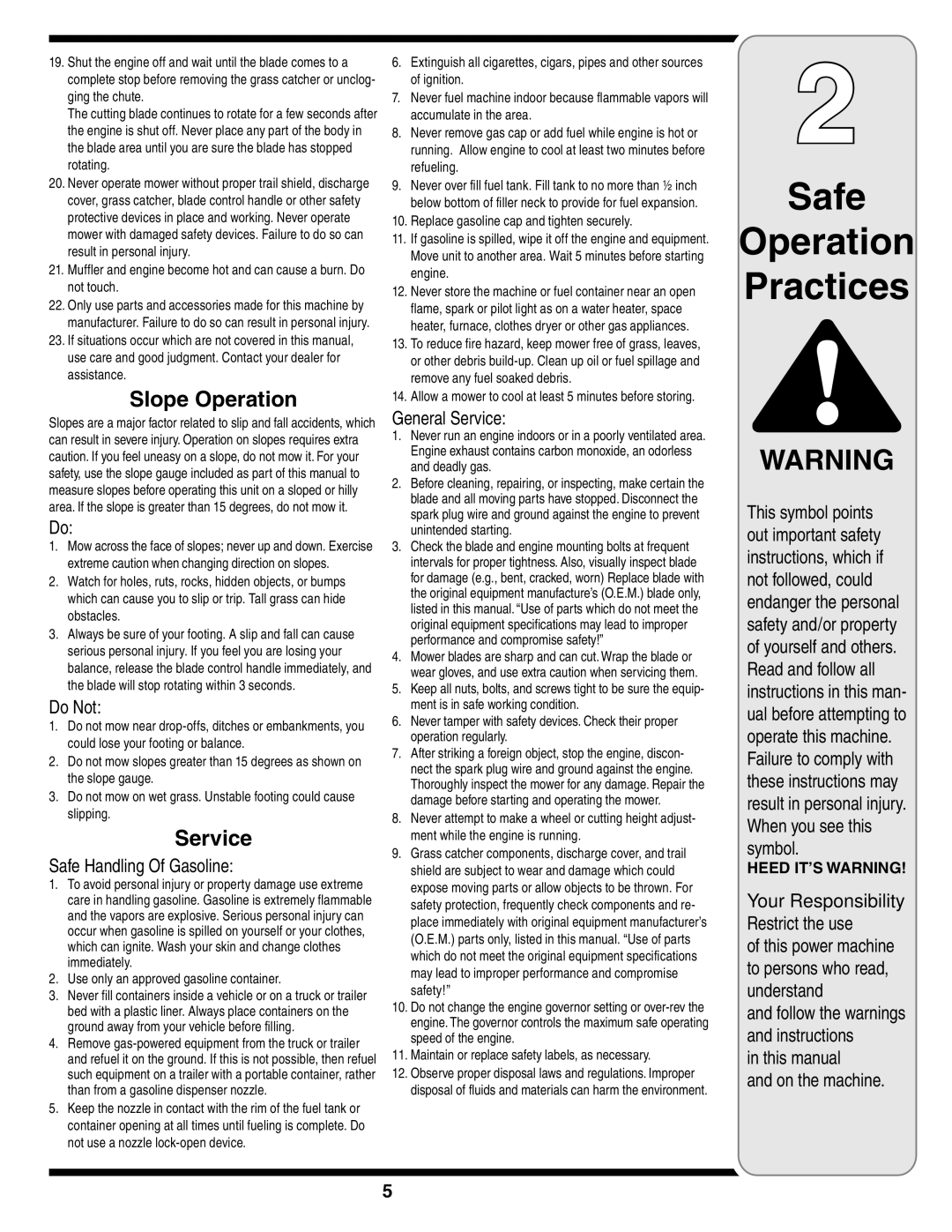 MTD V560 warranty Slope Operation 