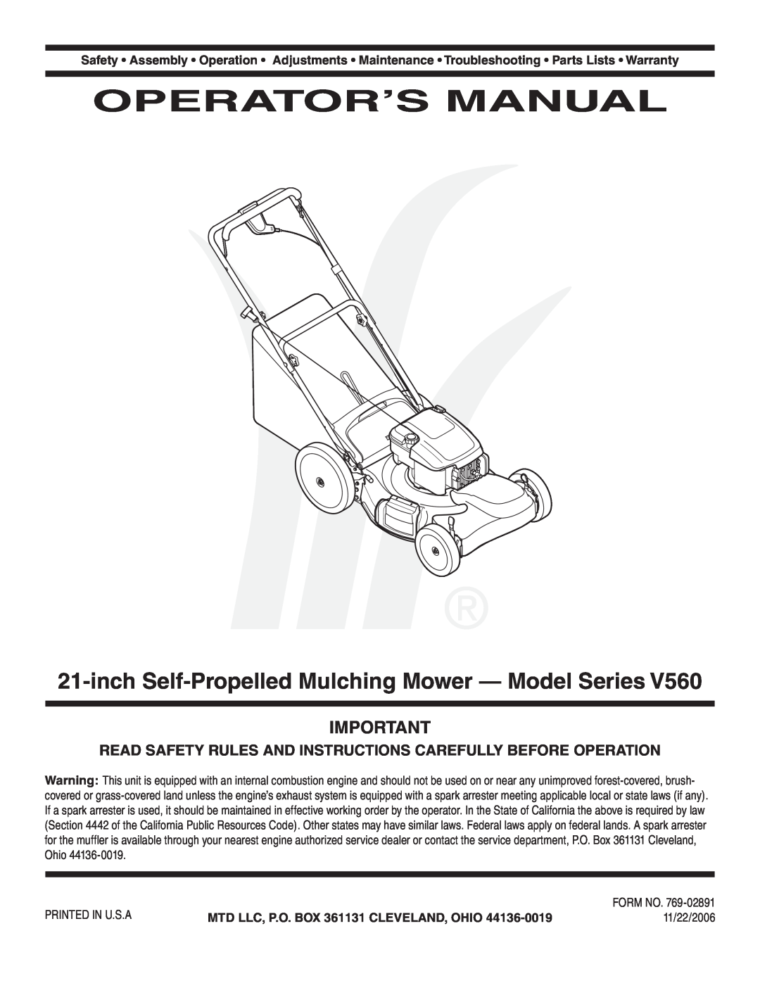 MTD V560 warranty Operator’S Manual, MTD LLC, P.O. BOX 361131 CLEVELAND, OHIO 