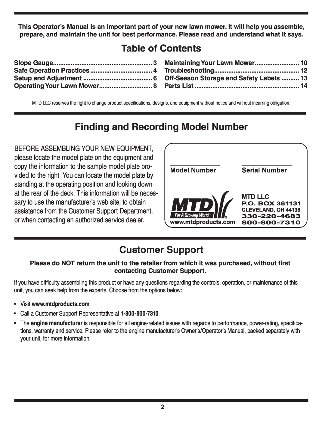 MTD V560 Table of Contents, Finding and Recording Model Number, Customer Support, Before Assembling Your New Equipment 