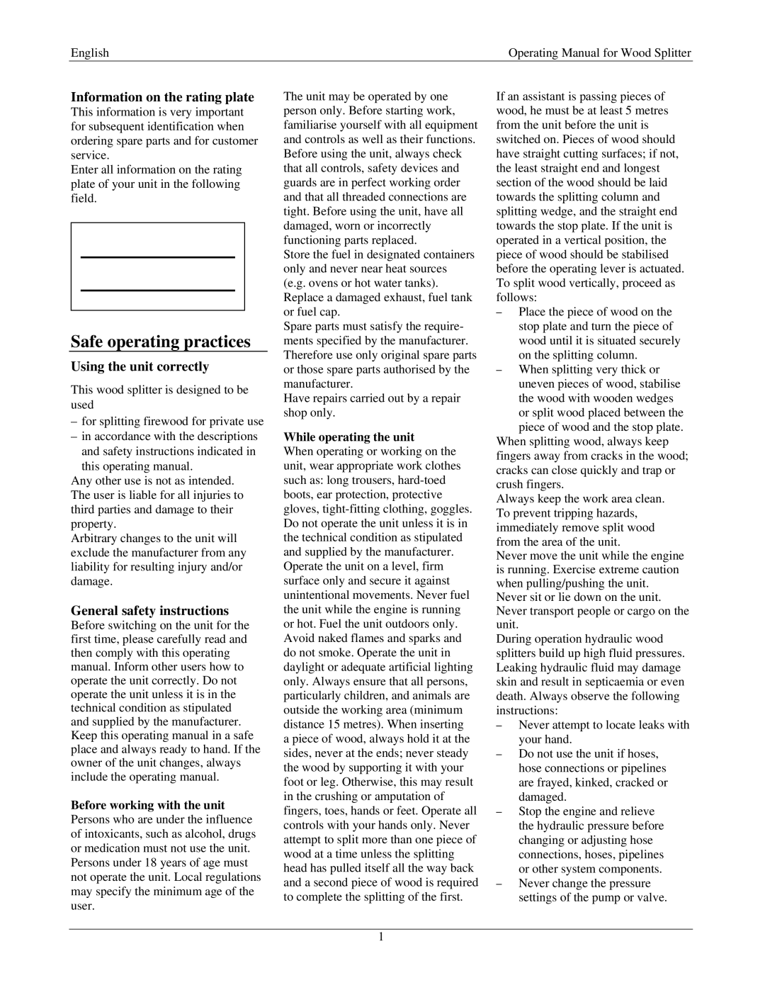 MTD A06 Safe operating practices, Information on the rating plate, Using the unit correctly, General safety instructions 