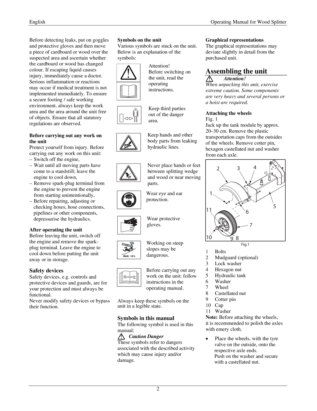 MTD Wood Splitter, A06 Assembling the unit, Safety devices, Symbols in this manual 