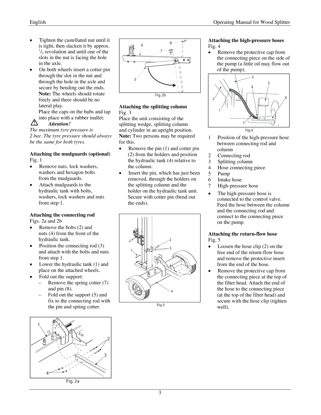 MTD A06 Attaching the mudguards optional Fig, Attaching the connecting rod Figs a and 2b, Attaching the splitting column 