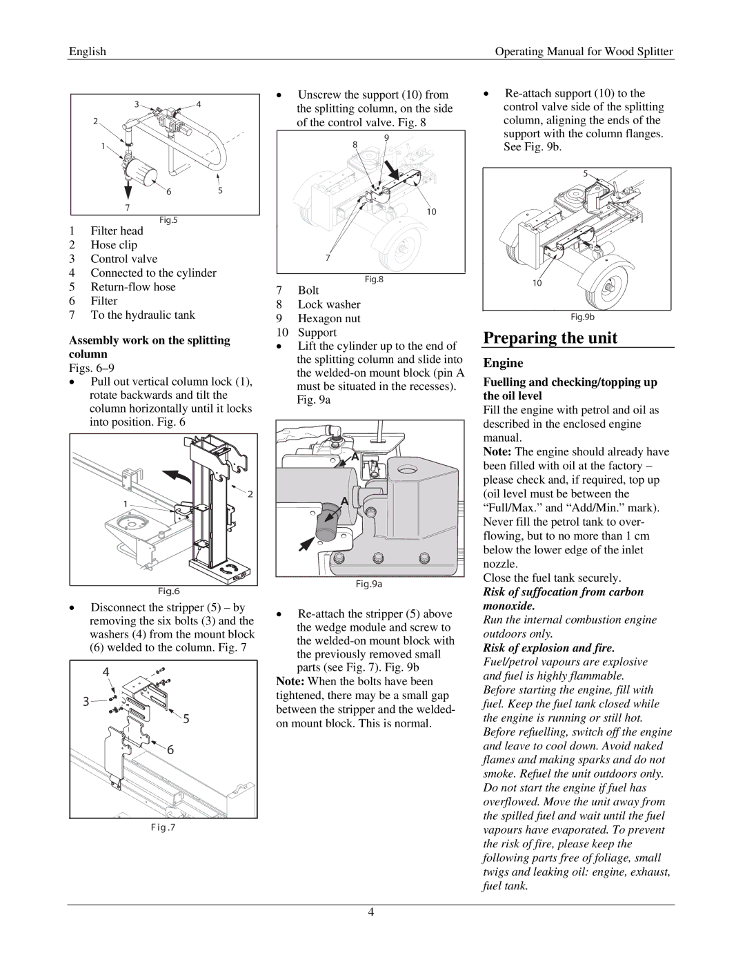 MTD Wood Splitter, A06 manual Preparing the unit, Engine, Assembly work on the splitting column 