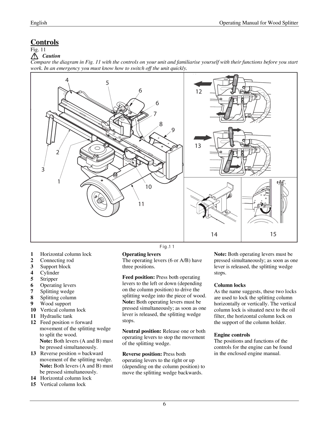 MTD Wood Splitter, A06 manual Controls, Operating levers, Engine controls 