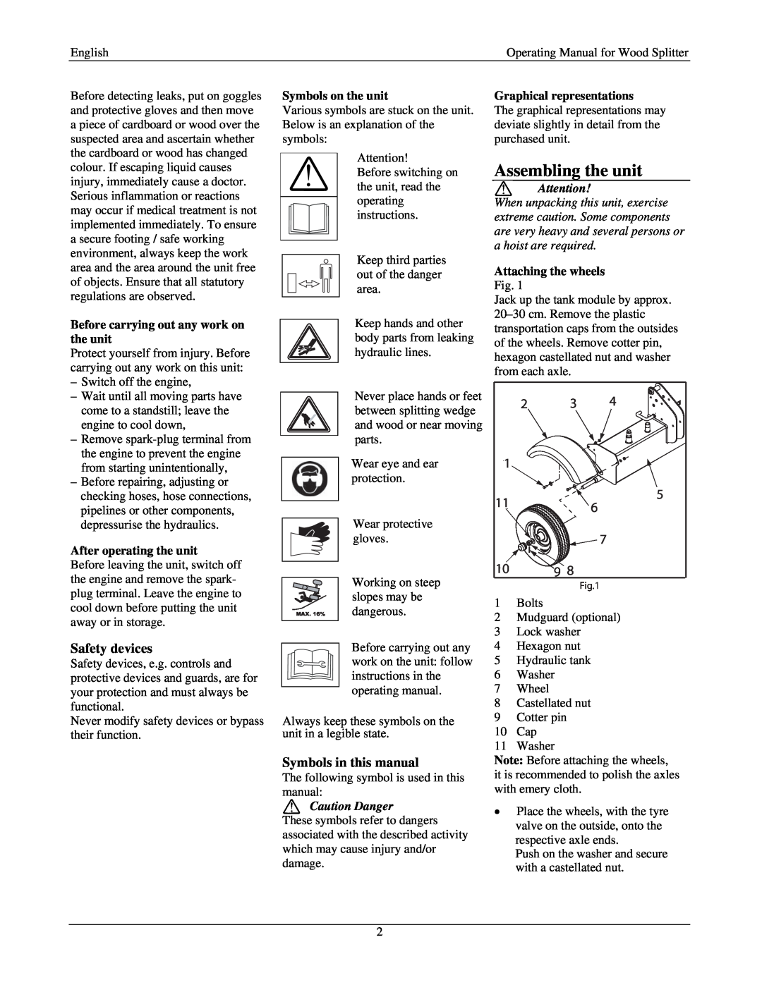 MTD Wood Splitter Assembling the unit, Safety devices, Symbols in this manual, Symbols on the unit, Attaching the wheels 
