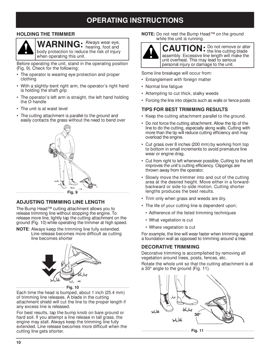 MTD Y28 manual Operating Instructions, Holding the Trimmer, Adjusting Trimming Line Length, Tips for Best Trimming Results 