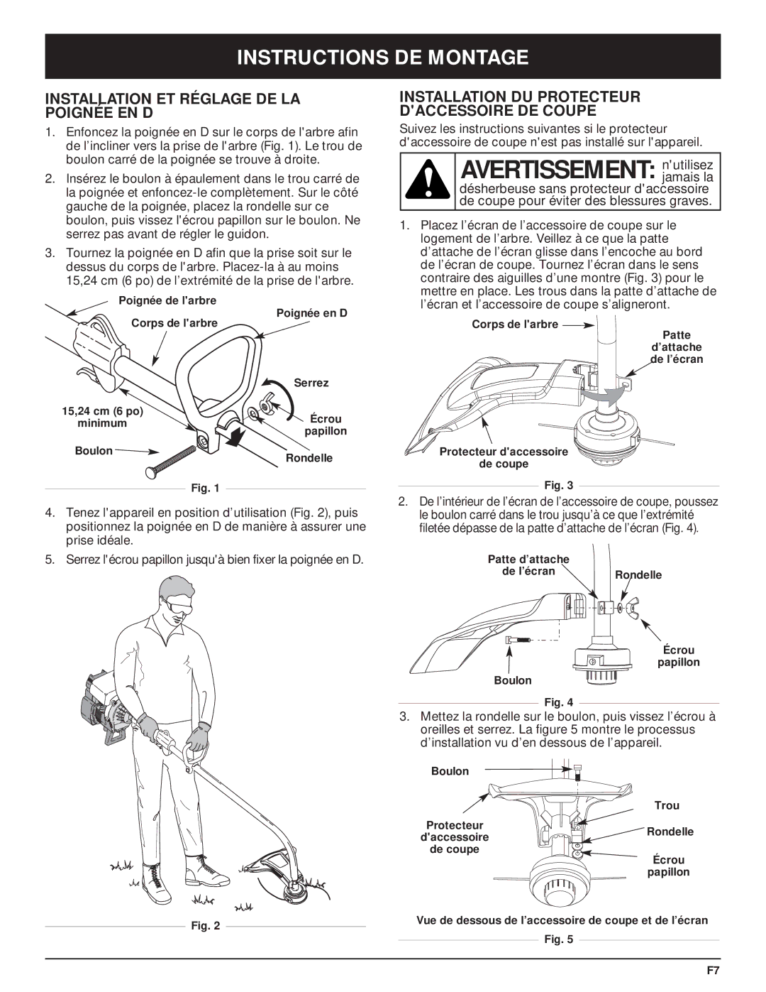 MTD Y28 manual Avertissement nutilisez, Instructions DE Montage, Installation ET Réglage DE LA Poignée EN D 