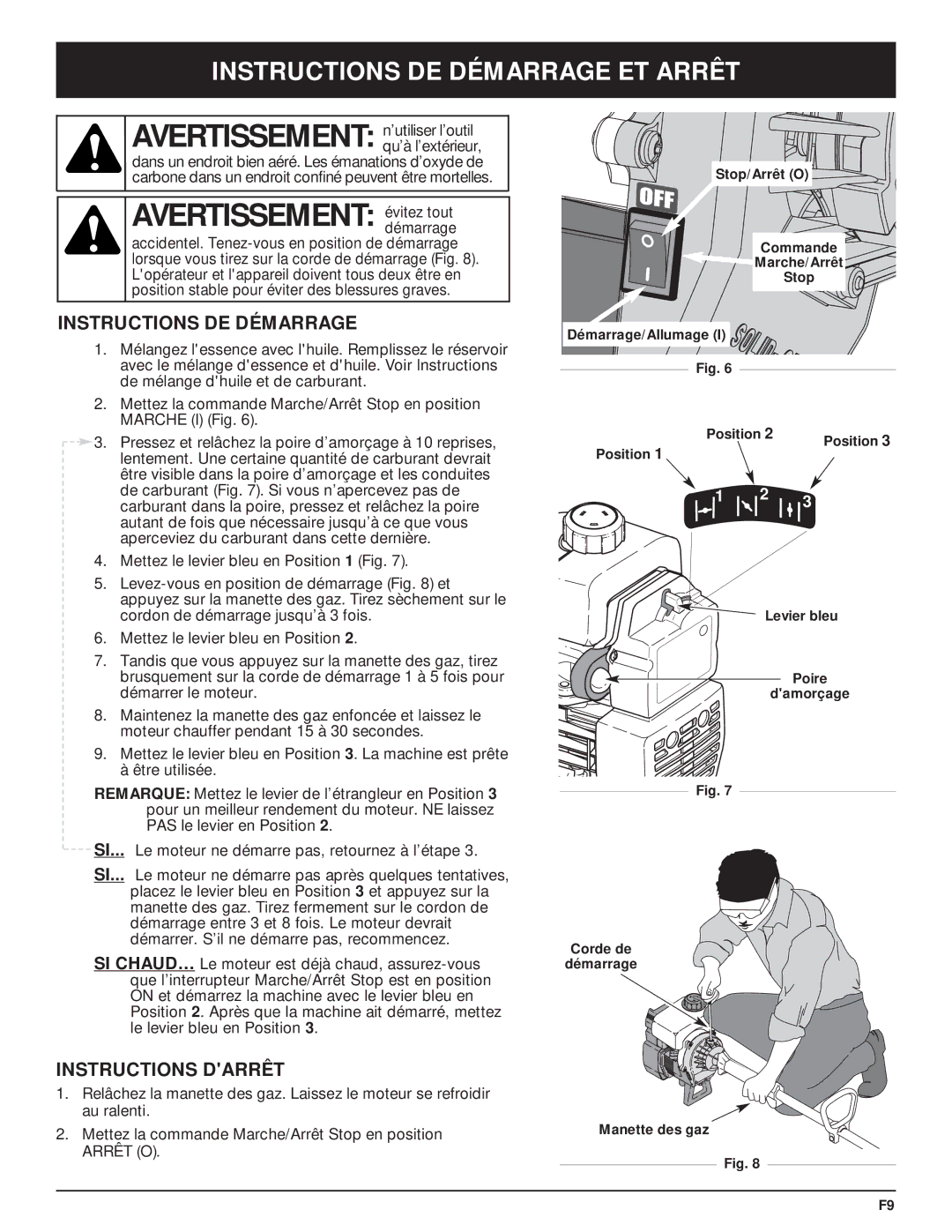 MTD Y28 manual Avertissement évitez tout, Instructions DE Démarrage ET Arrêt, Instructions Darrêt 