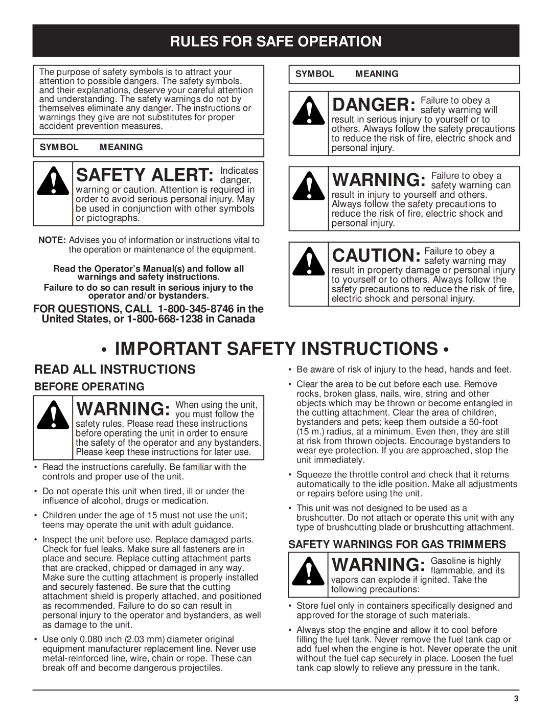 MTD Y28 manual Rules for Safe Operation, Before Operating, Safety Warnings for GAS Trimmers 