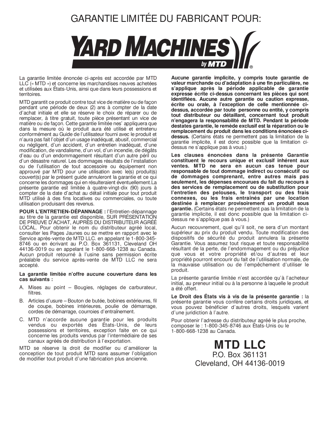 MTD Y28 manual Garantie Limitée DU Fabricant Pour 