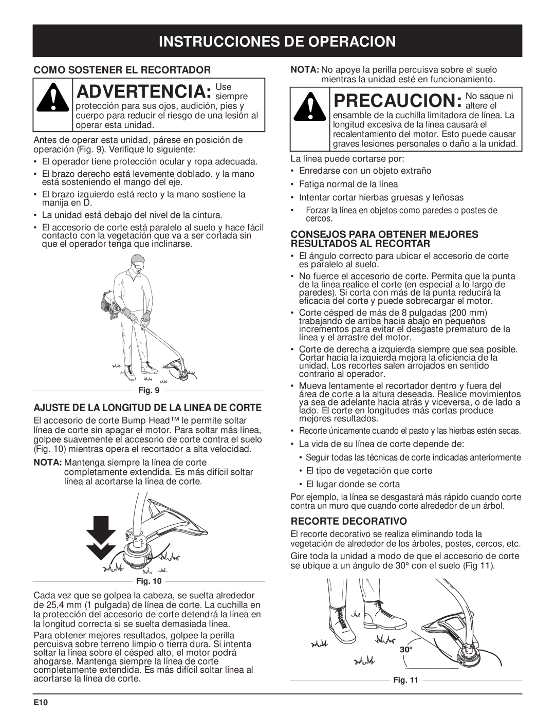 MTD Y28 manual Advertencia Usesiempre, Instrucciones DE Operacion, Como Sostener EL Recortador, Recorte Decorativo 