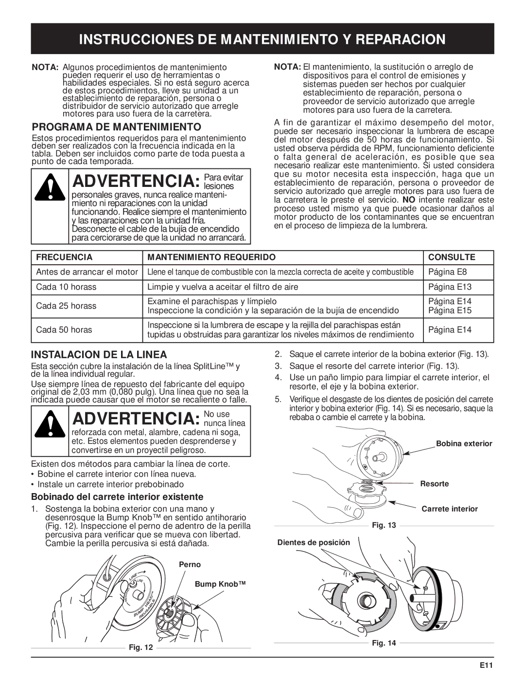 MTD Y28 Advertencia Para evitar, Advertencia No use, Instrucciones DE Mantenimiento Y Reparacion, Instalacion DE LA Linea 