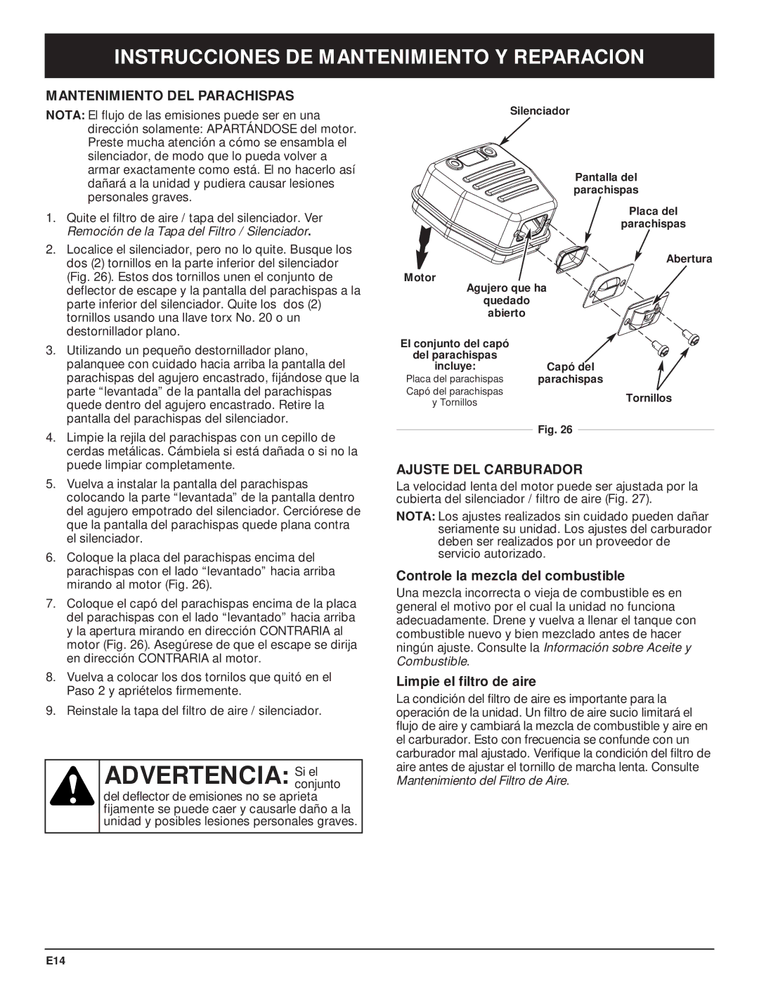 MTD Y28 Advertencia Siconjuntoel, Mantenimiento DEL Parachispas, Ajuste DEL Carburador, Controle la mezcla del combustible 