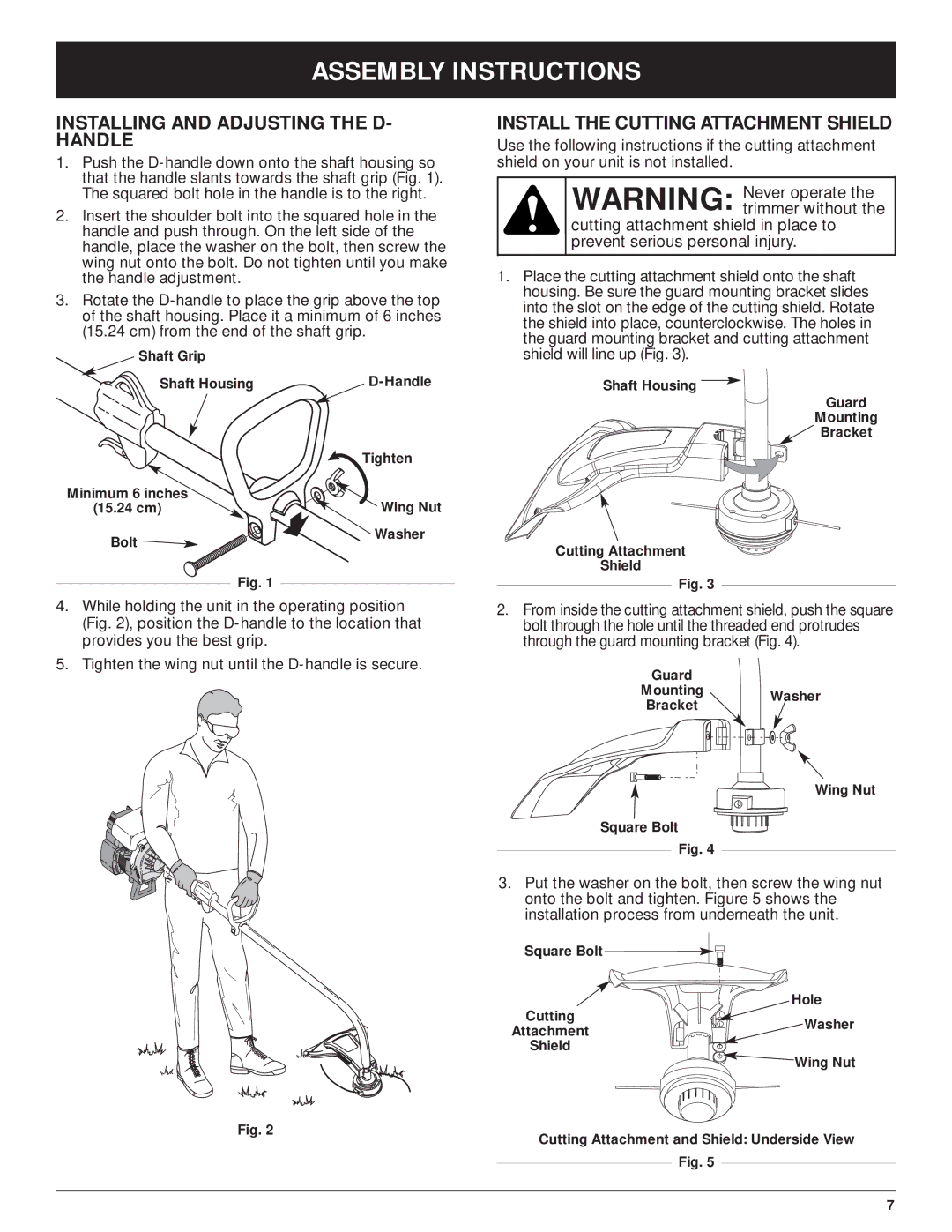 MTD Y28 manual Assembly Instructions, Installing and Adjusting the D- Handle, Install the Cutting Attachment Shield 