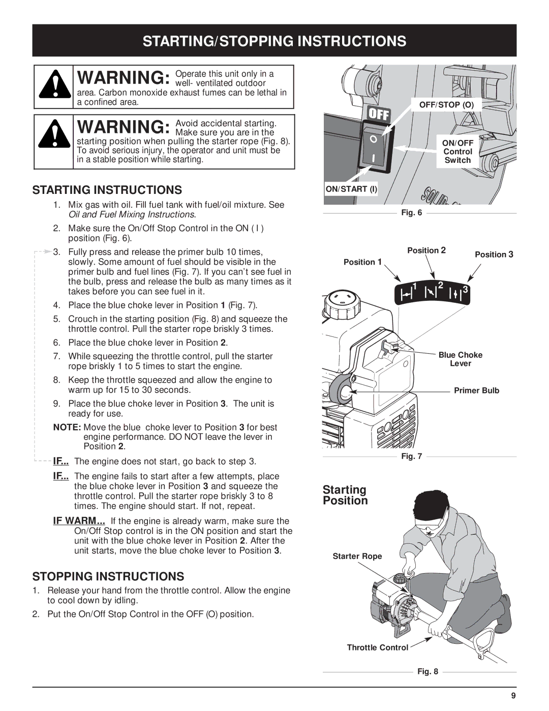 MTD Y28 manual STARTING/STOPPING Instructions, Starting Instructions 