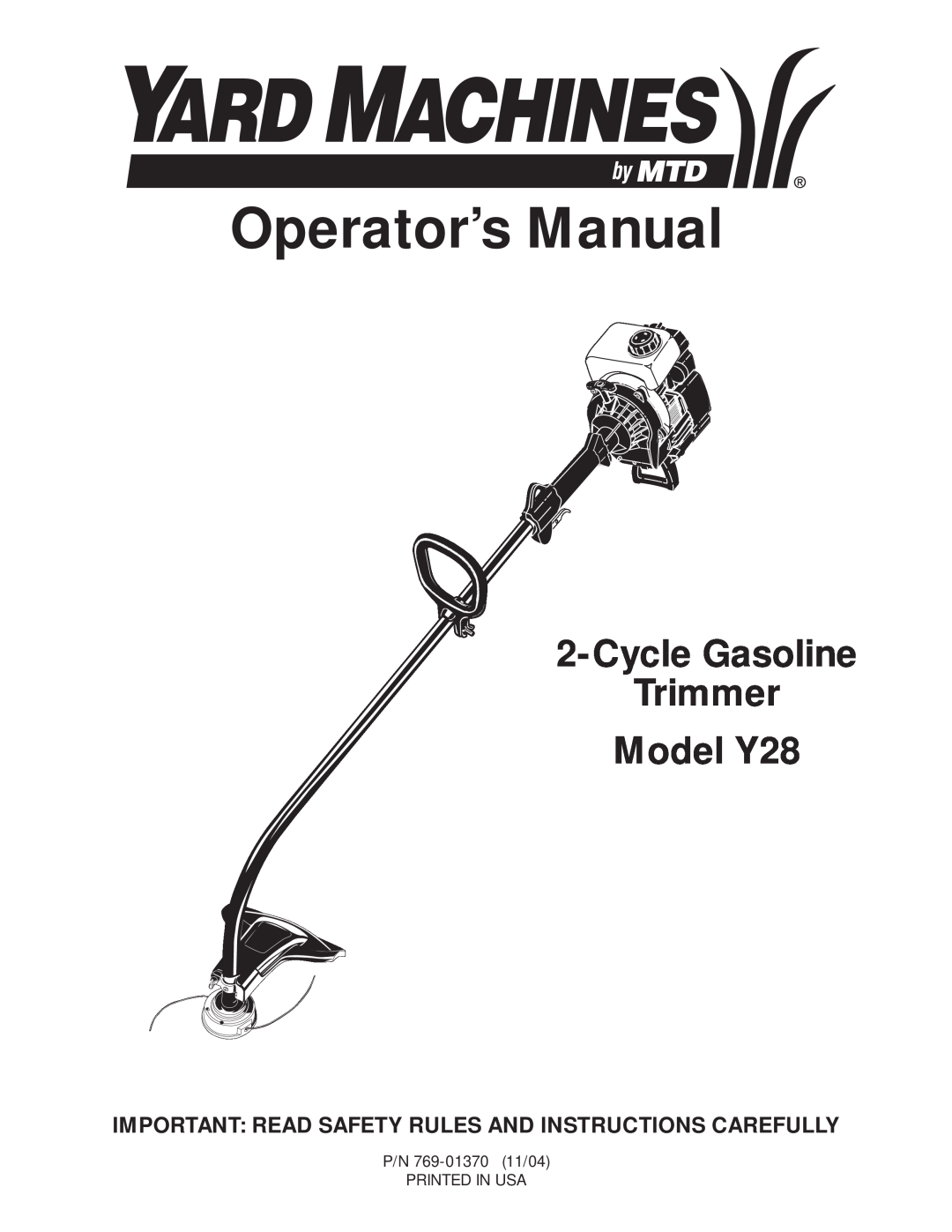 MTD manual Operator’s Manual, Cycle Gasoline Trimmer Model Y28, Important Read Safety Rules And Instructions Carefully 