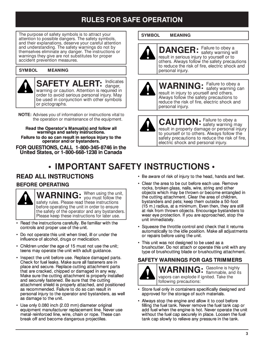 MTD Y28 Important Safety Instructions, Rules For Safe Operation, Read All Instructions, Before Operating, Symbol Meaning 