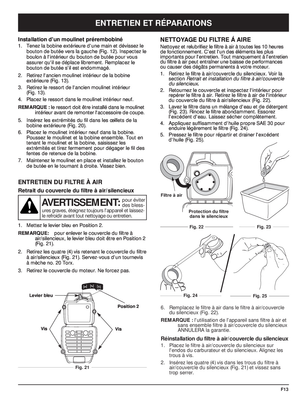 MTD Y28 manual AVERTISSEMENT pour éviter, Entretien Du Filtre À Air, Nettoyage Du Filtre Á Aire, Entretien Et Réparations 