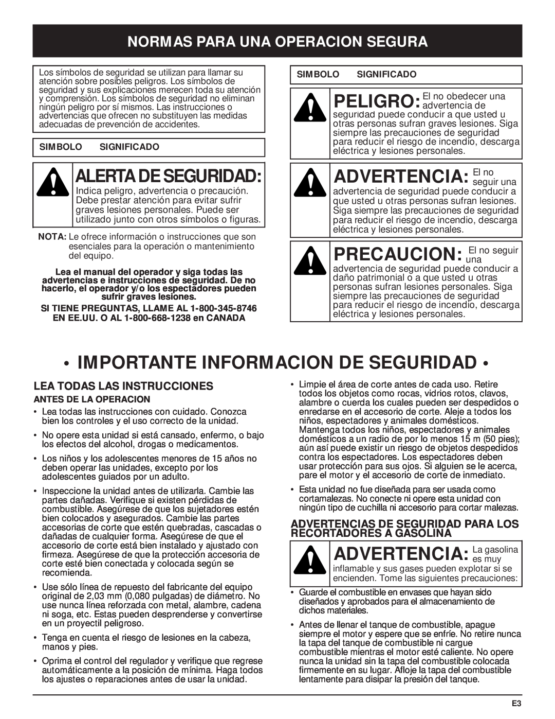 MTD Y28 manual Importante Informacion De Seguridad, ADVERTENCIA Laes muygasolina, Normas Para Una Operacion Segura 