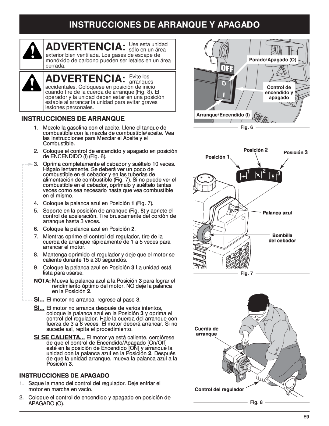 MTD Y28 manual ADVERTENCIA Evite los, Instrucciones De Arranque Y Apagado, Instrucciones De Apagado 