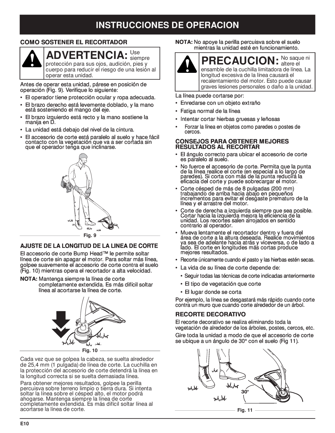 MTD Y28 manual ADVERTENCIA Usesiempre, Instrucciones De Operacion, Como Sostener El Recortador, Recorte Decorativo 
