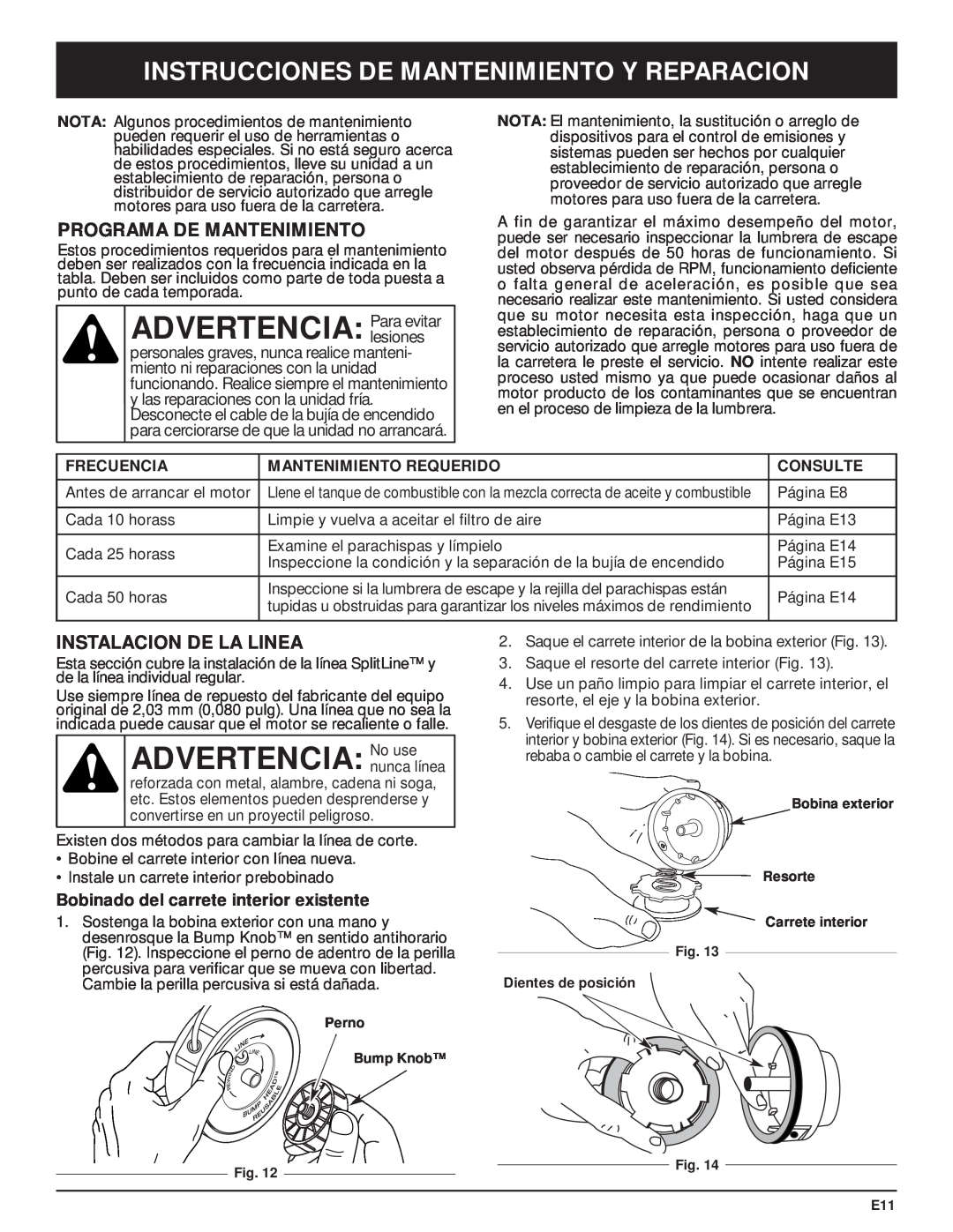 MTD Y28 ADVERTENCIA Para evitar, ADVERTENCIA No use, Instrucciones De Mantenimiento Y Reparacion, Instalacion De La Linea 