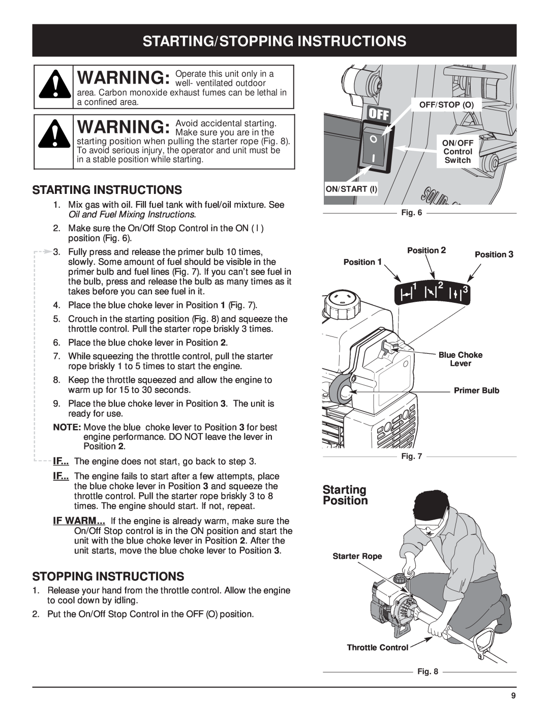 MTD Y28 manual Starting/Stopping Instructions, Starting Instructions, Starting Position 