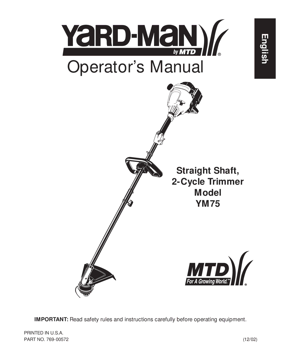 MTD YM75 manual Operator’s Manual 