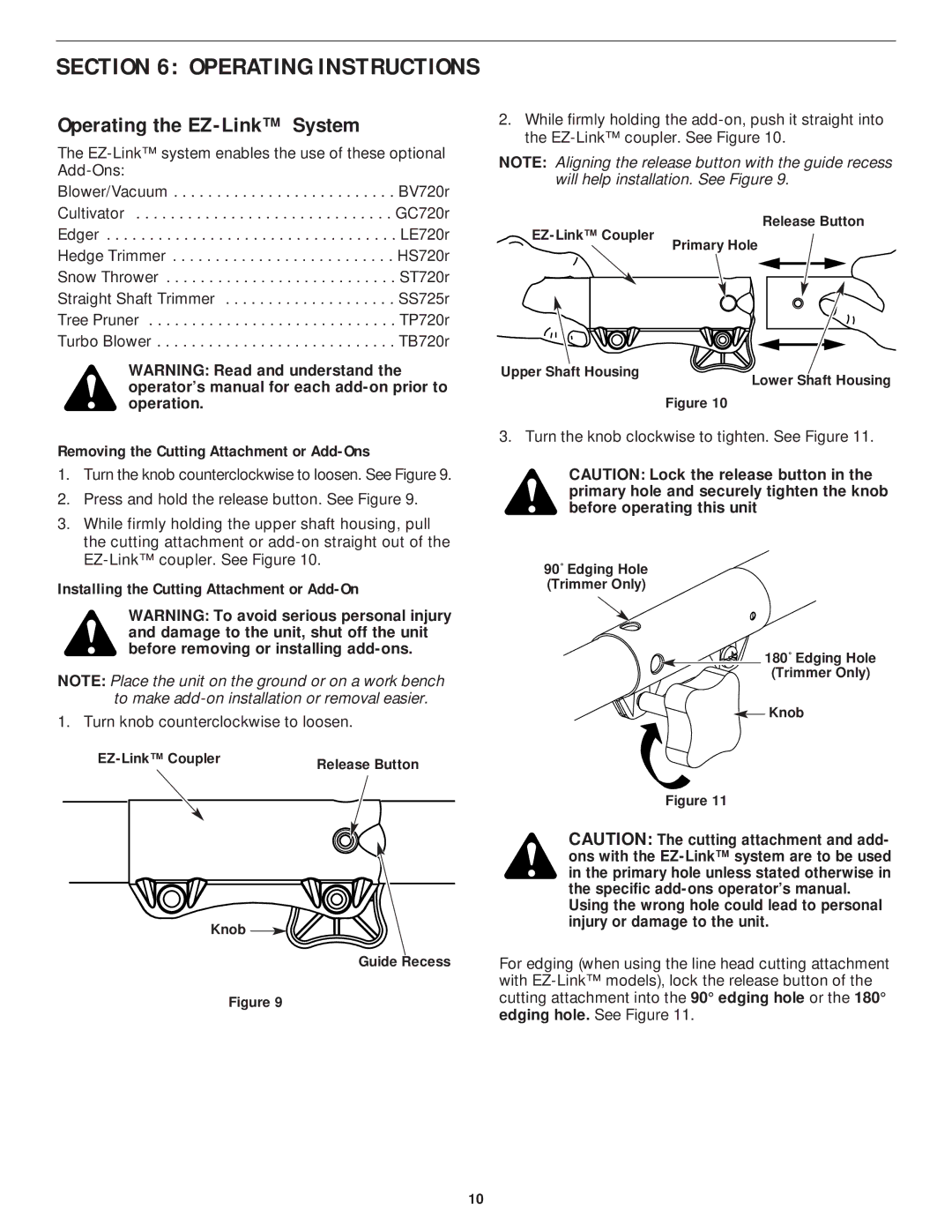 MTD YM75 manual Operating Instructions, Operating the EZ-Link System, Removing the Cutting Attachment or Add-Ons 