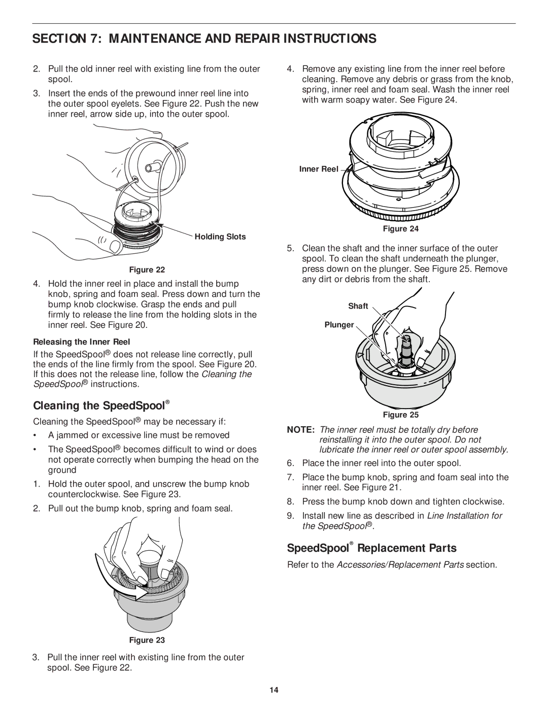 MTD YM75 manual Cleaning the SpeedSpool, SpeedSpool Replacement Parts, Releasing the Inner Reel 