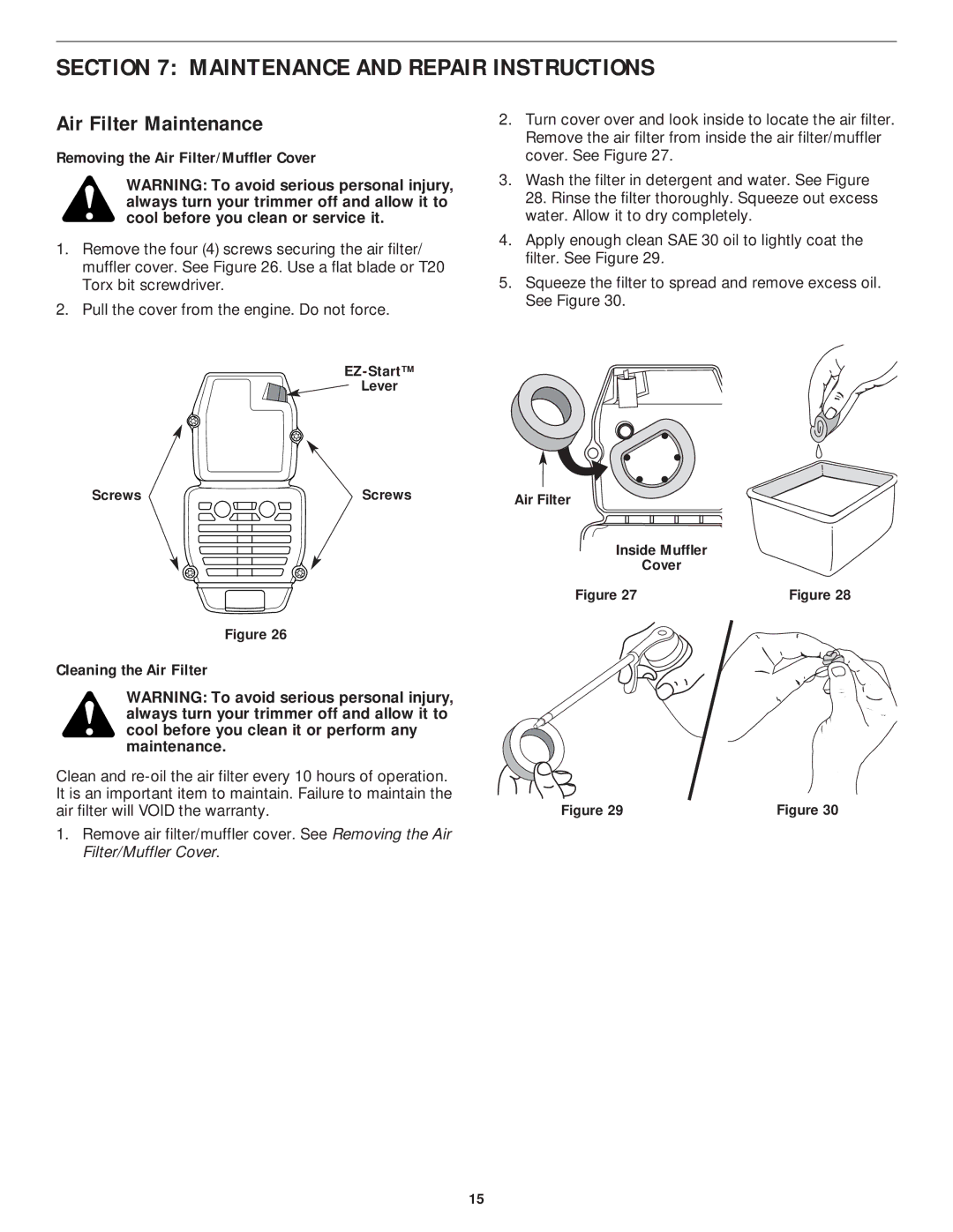 MTD YM75 manual Air Filter Maintenance, Removing the Air Filter/Muffler Cover, Cleaning the Air Filter 