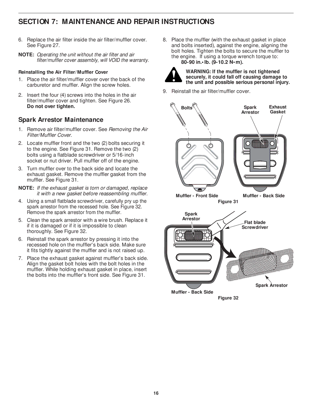 MTD YM75 manual Spark Arrestor Maintenance, Reinstalling the Air Filter/Muffler Cover 