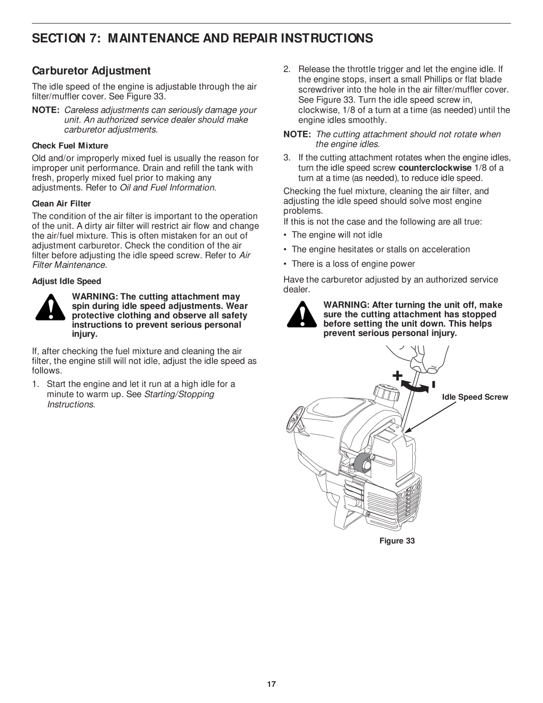 MTD YM75 manual Carburetor Adjustment, Check Fuel Mixture, Clean Air Filter, Adjust Idle Speed 