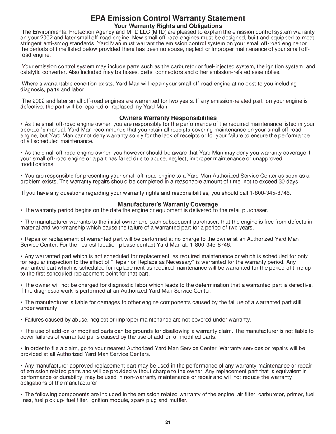 MTD YM75 manual EPA Emission Control Warranty Statement 