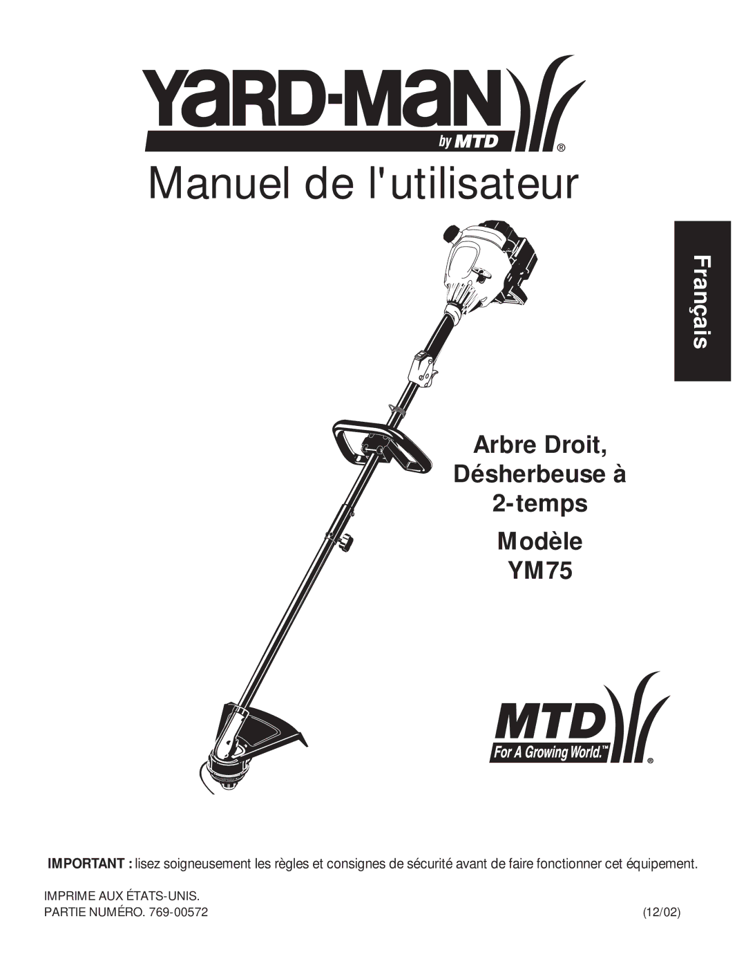 MTD YM75 manual Manuel de lutilisateur 