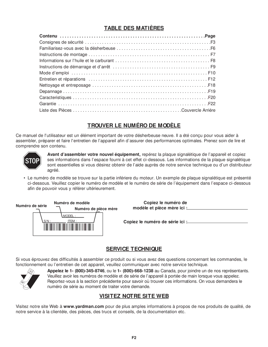 MTD YM75 manual Table DES Matières 