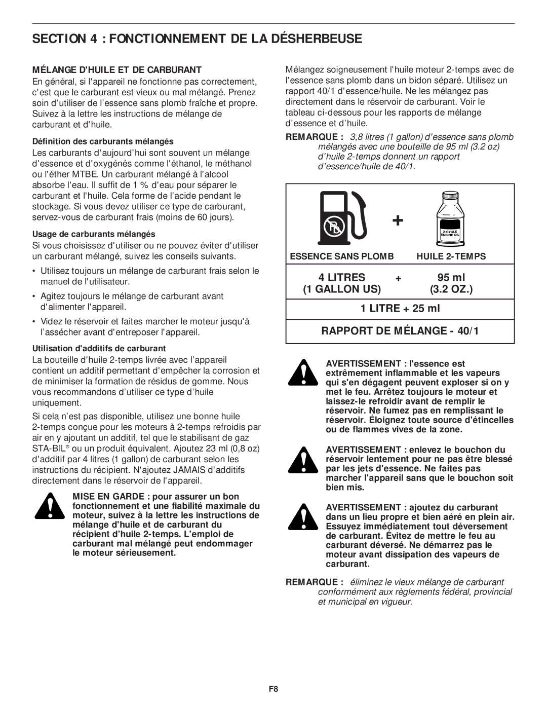 MTD YM75 manual Fonctionnement DE LA Désherbeuse, Mélange Dhuile ET DE Carburant 