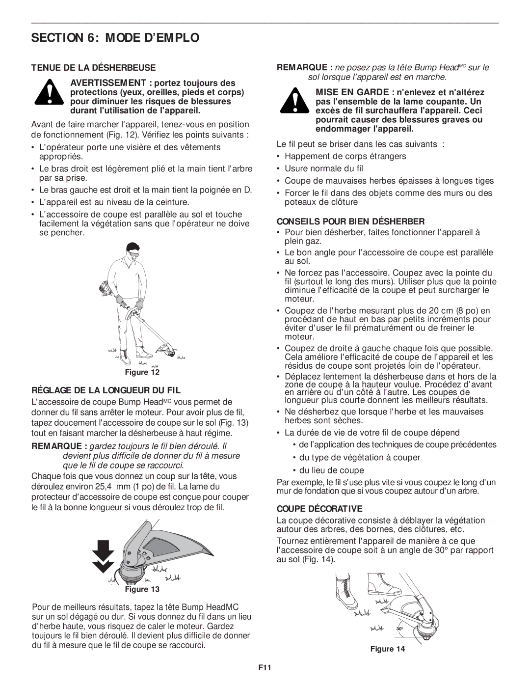 MTD YM75 manual Tenue DE LA Désherbeuse, Réglage DE LA Longueur DU FIL, Conseils Pour Bien Désherber, Coupe Décorative 