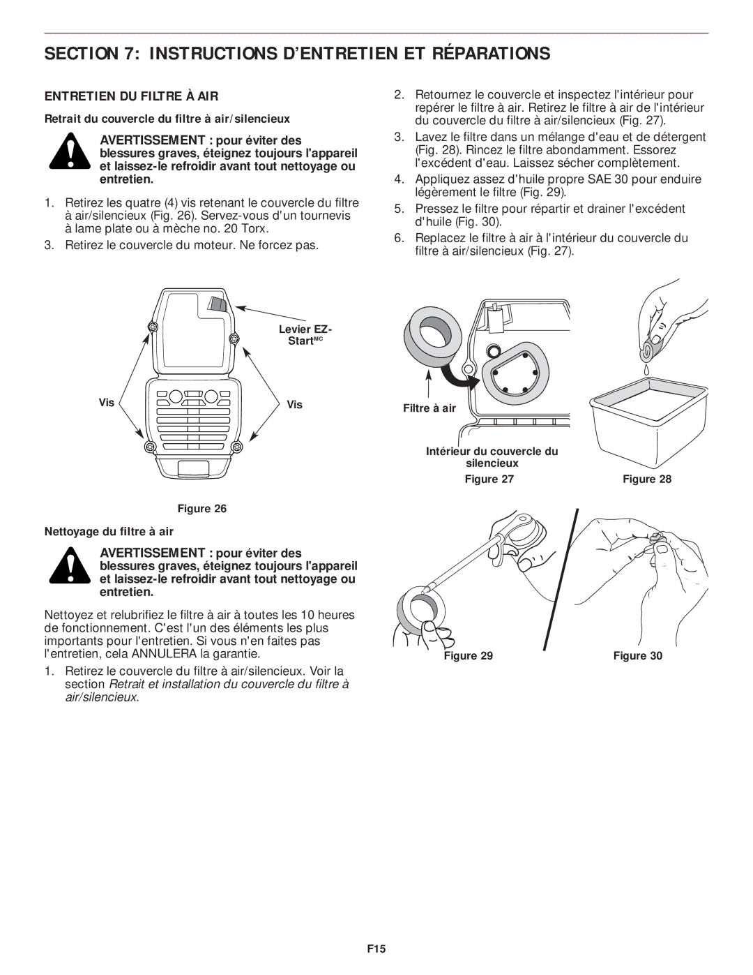 MTD YM75 manual Entretien DU Filtre À AIR, Retrait du couvercle du filtre à air/silencieux, Nettoyage du filtre à air 