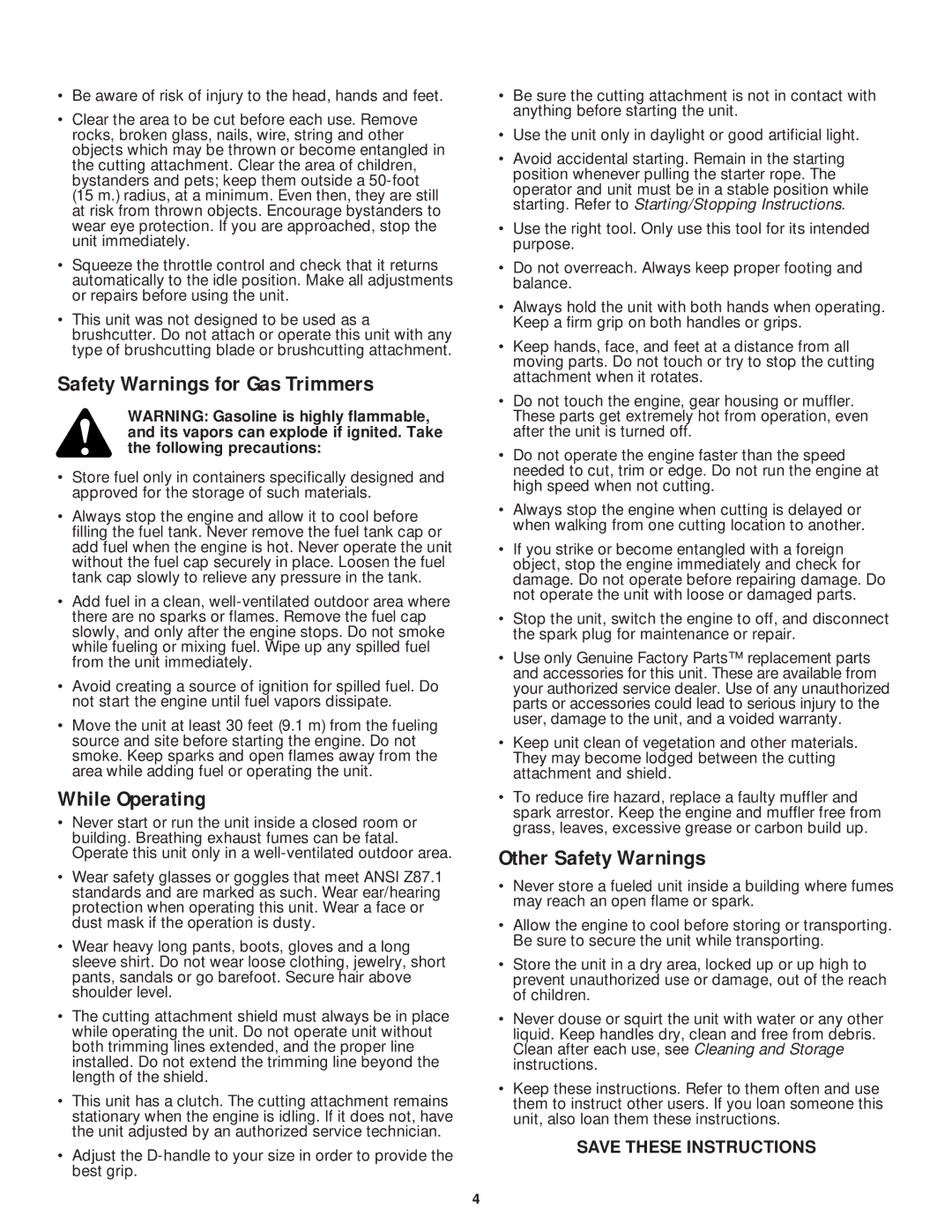 MTD YM75 manual Safety Warnings for Gas Trimmers, While Operating, Other Safety Warnings 