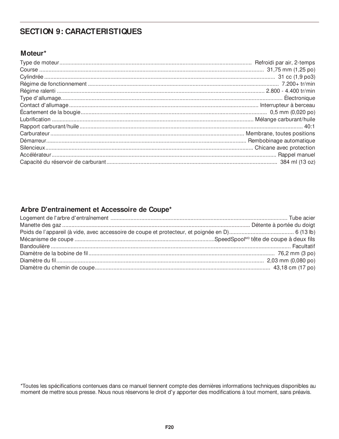 MTD YM75 manual Caracteristiques, Moteur, Arbre Dentrainement et Accessoire de Coupe 