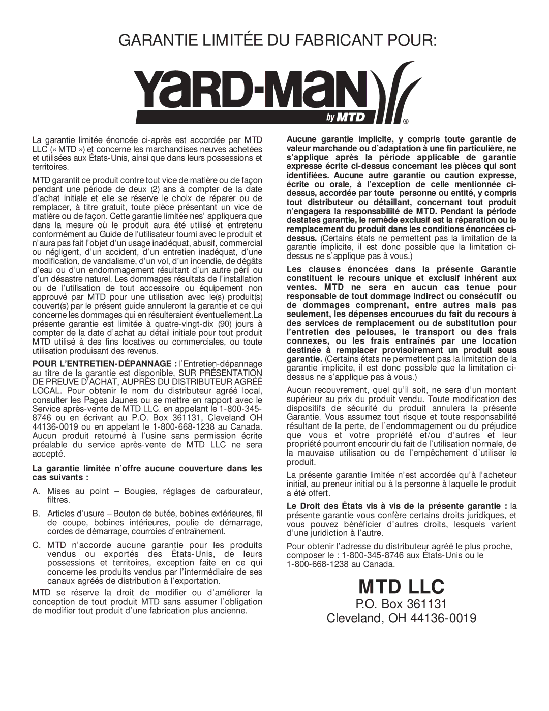 MTD YM75 manual Garantie Limitée DU Fabricant Pour 