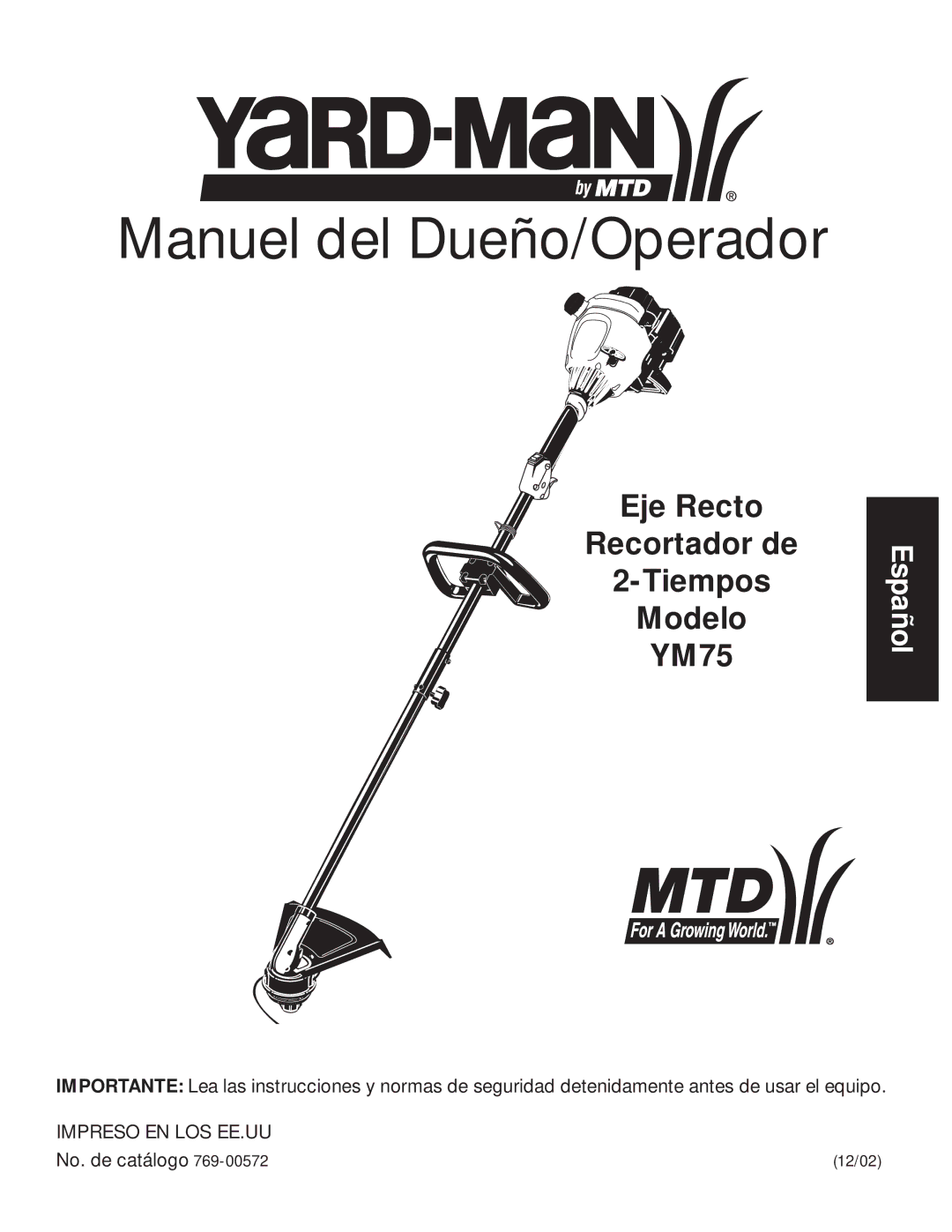 MTD YM75 manual Manuel del Dueño/Operador 