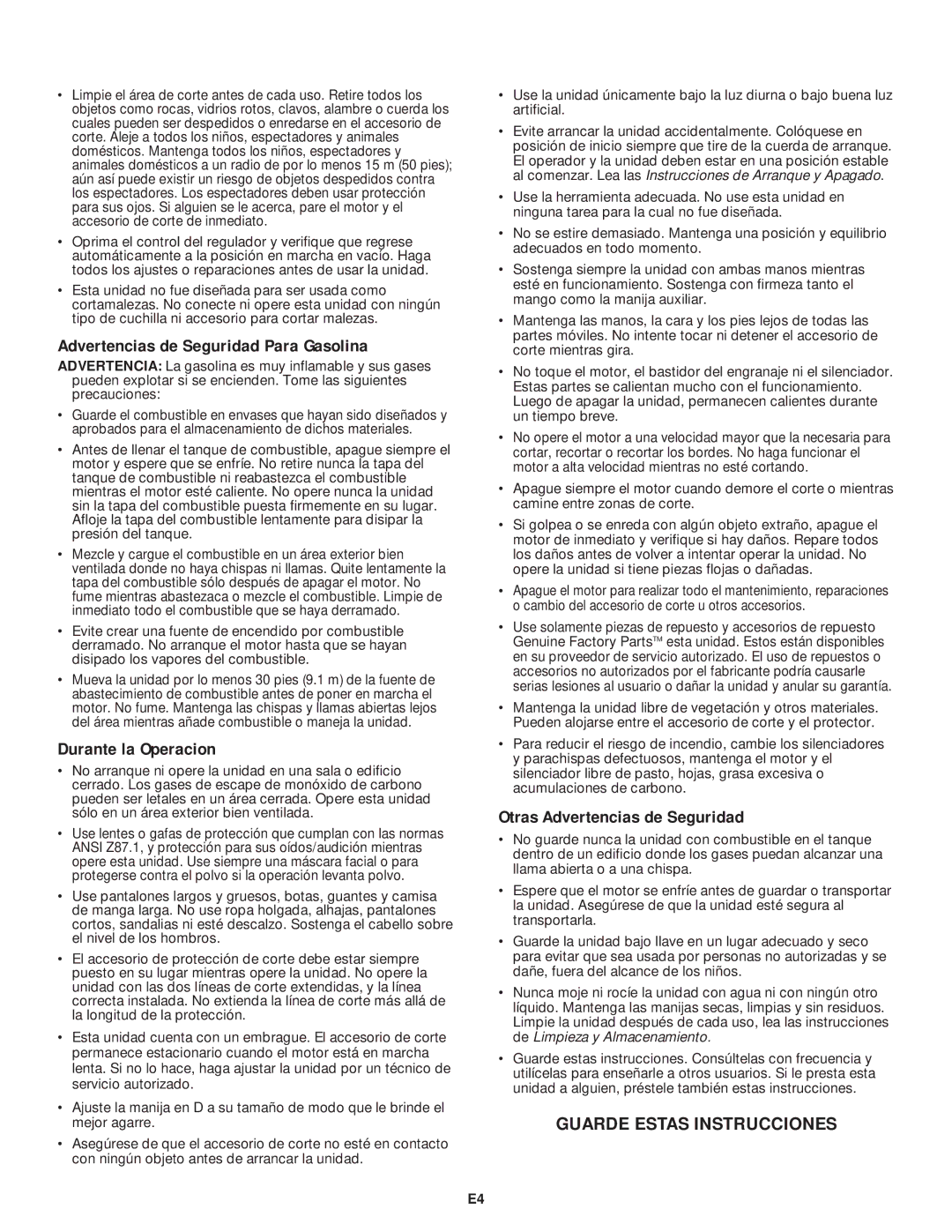 MTD YM75 manual Advertencias de Seguridad Para Gasolina 