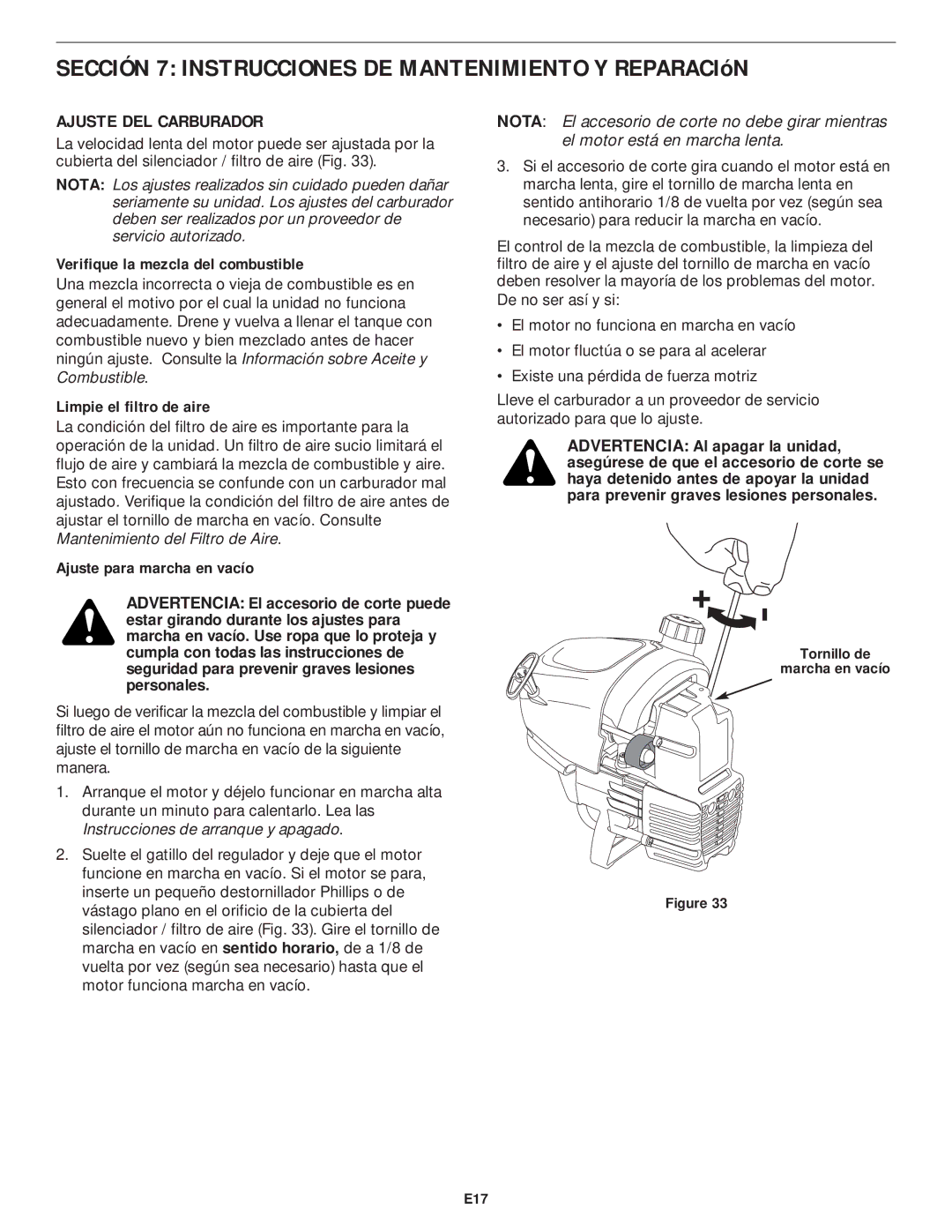 MTD YM75 Ajuste DEL Carburador, Verifique la mezcla del combustible, Limpie el filtro de aire, Ajuste para marcha en vacío 